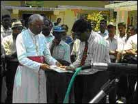 [Bishop of Mannar handing over the appeal to the Government Agent of Mannar]