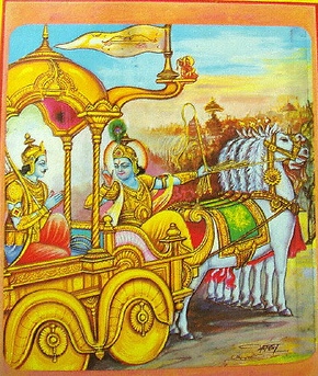 It is the Mahabharatha that relates the tale of Lord Krishna advising the wavering Arjuna on the battlefield “kurushetra”. The Pandavas and Gouravas (cousins) had assembled to do battle but Arjuna hesitates to fight against his kith and kin and lets slip his bow “Kaandeepam”.
